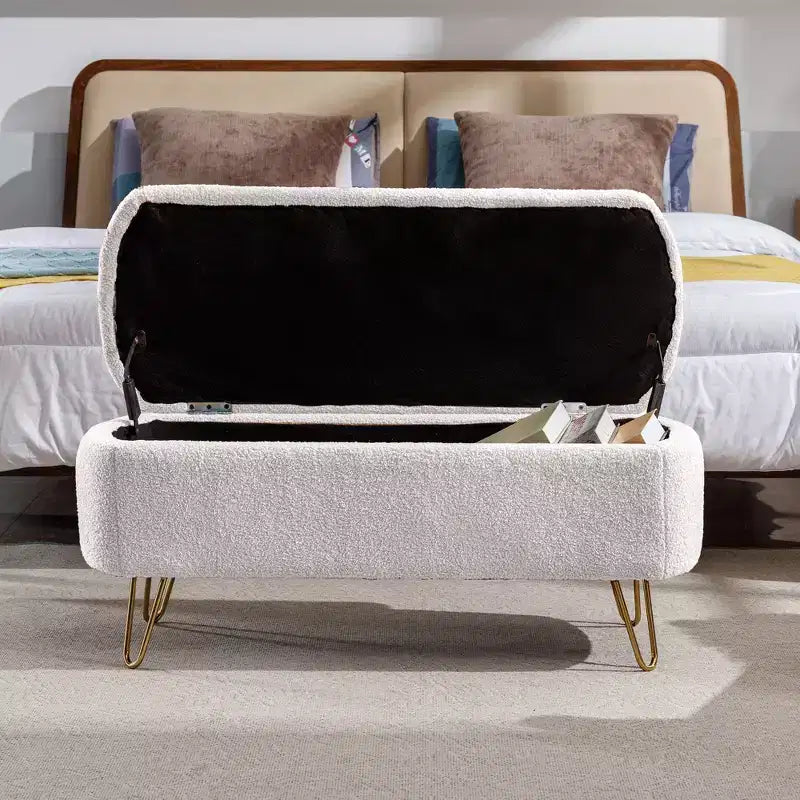 Banc de rangement ottoman Clihome pour pied de lit, banc d'entrée moderne en fausse fourrure blanc ivoire, rembourré avec rangement pour salon et chambre