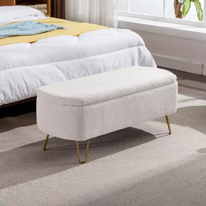 Banc de rangement ottoman Clihome pour pied de lit, banc d'entrée moderne en fausse fourrure blanc ivoire, rembourré avec rangement pour salon et chambre