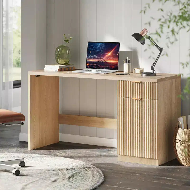 Bureau de direction de 60 po avec rangement, bureau moderne pour la maison avec tiroir et armoire, bureaux d'ordinateur cannelés en bois, poste de travail, table de conférence