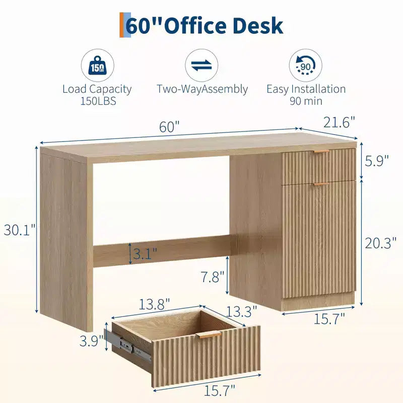 Bureau de direction de 60 po avec rangement, bureau moderne pour la maison avec tiroir et armoire, bureaux d'ordinateur cannelés en bois, poste de travail, table de conférence