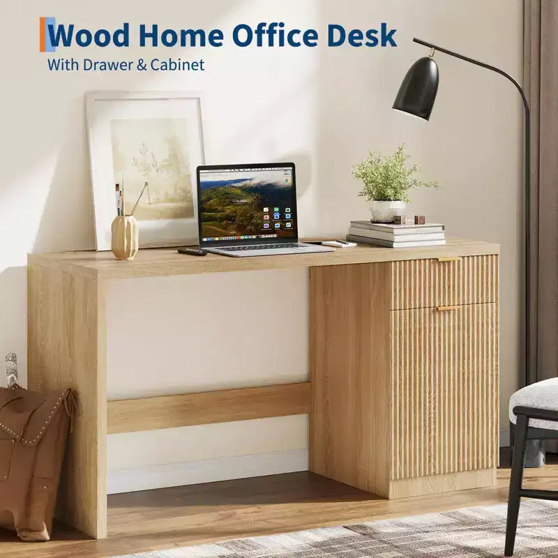 Bureau de direction de 60 po avec rangement, bureau moderne pour la maison avec tiroir et armoire, bureaux d'ordinateur cannelés en bois, poste de travail, table de conférence