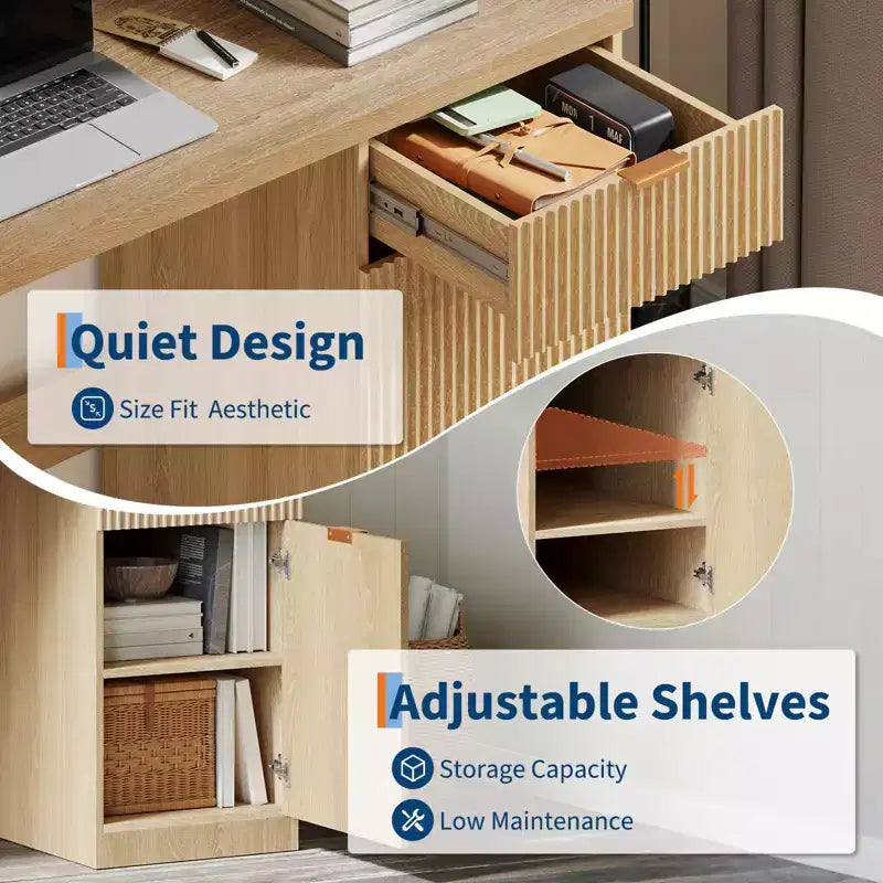Bureau de direction de 60 po avec rangement, bureau moderne pour la maison avec tiroir et armoire, bureaux d'ordinateur cannelés en bois, poste de travail, table de conférence