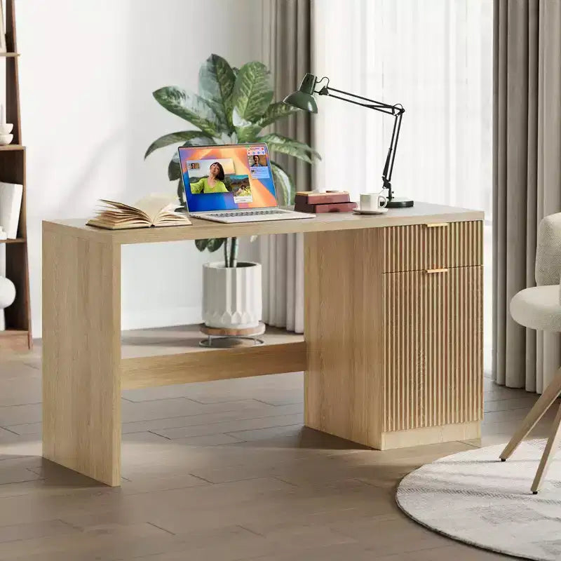 Bureau de direction de 60 po avec rangement, bureau moderne pour la maison avec tiroir et armoire, bureaux d'ordinateur cannelés en bois, poste de travail, table de conférence