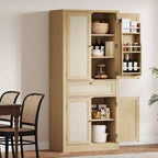 70inch Tall Kitchen Pantry Cabine, Rattan Doors Freestanding Cupboard Storage Cabinet