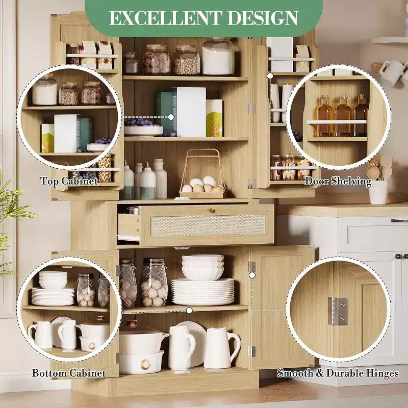 Meuble de rangement haut de cuisine de 178 cm, portes en rotin, placard autoportant