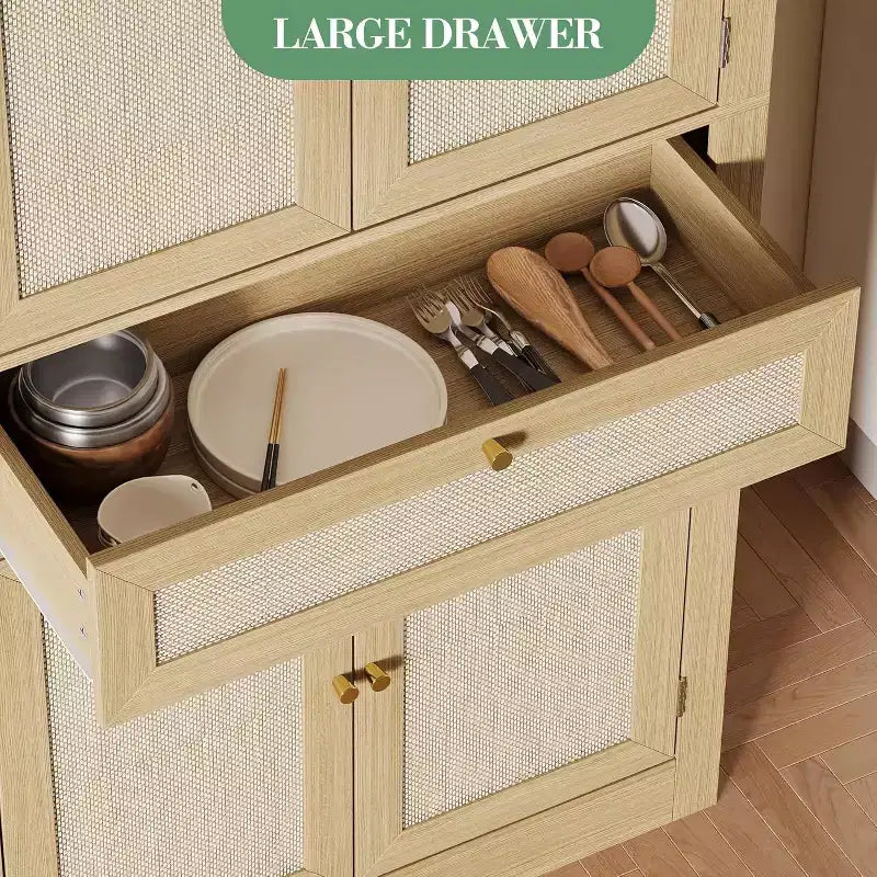 Meuble de rangement haut de cuisine de 178 cm, portes en rotin, placard autoportant