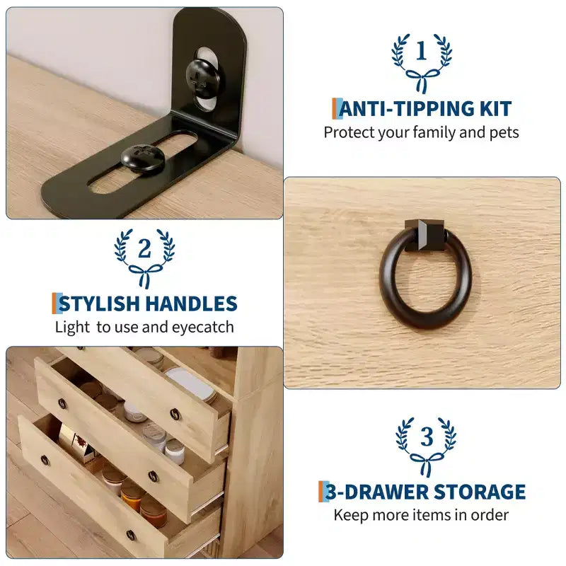 Étagère, étagère sur pied, étagère à 3 tiroirs en forme de vague en panneau de particules, adaptée au bureau, au salon, à la chambre.