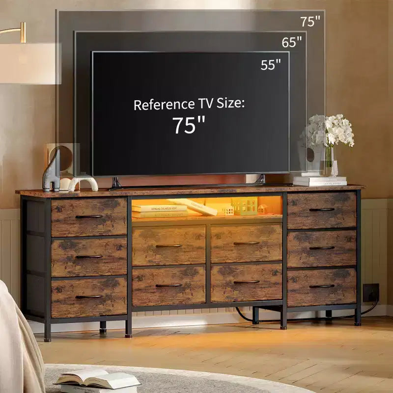Meuble TV pour téléviseurs de 65, 70, 75 pouces, commode longue à 10 tiroirs avec prises de courant, lumières LED, meuble TV de 63 pouces avec tiroirs de rangement