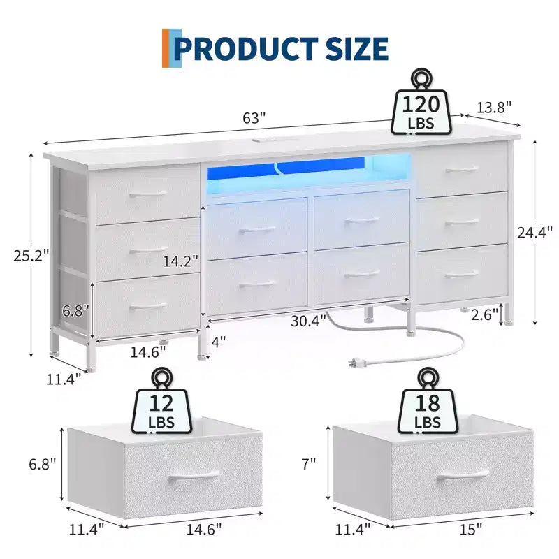 Meuble TV pour téléviseurs de 65, 70, 75 pouces, commode longue à 10 tiroirs avec prises de courant, lumières LED, meuble TV de 63 pouces avec tiroirs de rangement