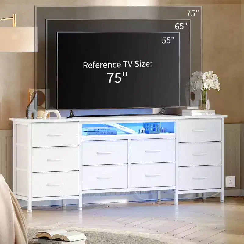 Meuble TV pour téléviseurs de 65, 70, 75 pouces, commode longue à 10 tiroirs avec prises de courant, lumières LED, meuble TV de 63 pouces avec tiroirs de rangement