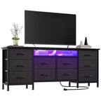 Meuble TV pour téléviseurs de 65, 70, 75 pouces, commode longue à 10 tiroirs avec prises de courant, lumières LED, meuble TV de 63 pouces avec tiroirs de rangement