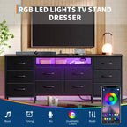 Meuble TV pour téléviseurs de 65, 70, 75 pouces, commode longue à 10 tiroirs avec prises de courant, lumières LED, meuble TV de 63 pouces avec tiroirs de rangement