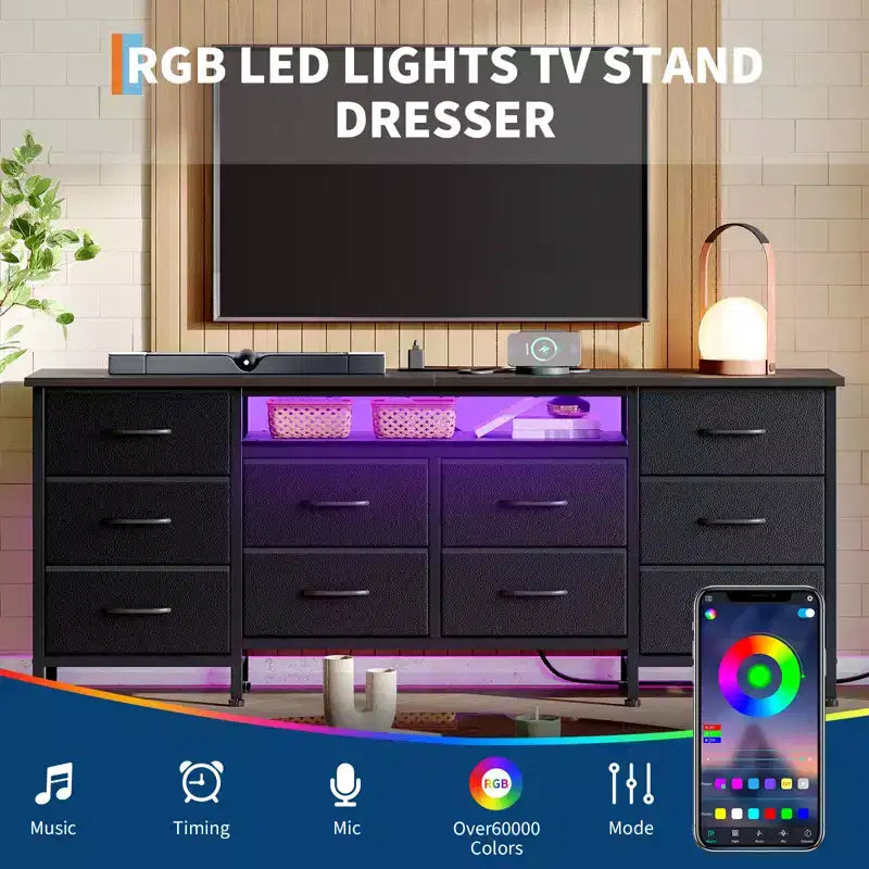 Meuble TV pour téléviseurs de 65, 70, 75 pouces, commode longue à 10 tiroirs avec prises de courant, lumières LED, meuble TV de 63 pouces avec tiroirs de rangement
