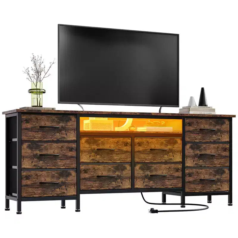 Meuble TV pour téléviseurs de 65, 70, 75 pouces, commode longue à 10 tiroirs avec prises de courant, lumières LED, meuble TV de 63 pouces avec tiroirs de rangement