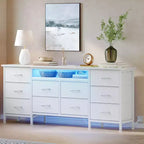 Meuble TV pour téléviseurs de 65, 70, 75 pouces, commode longue à 10 tiroirs avec prises de courant, lumières LED, meuble TV de 63 pouces avec tiroirs de rangement
