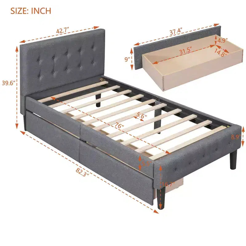 Lit plateforme capitonné double avec 2 tiroirs de rangement, cadre de lit double en bois pour chambre à coucher