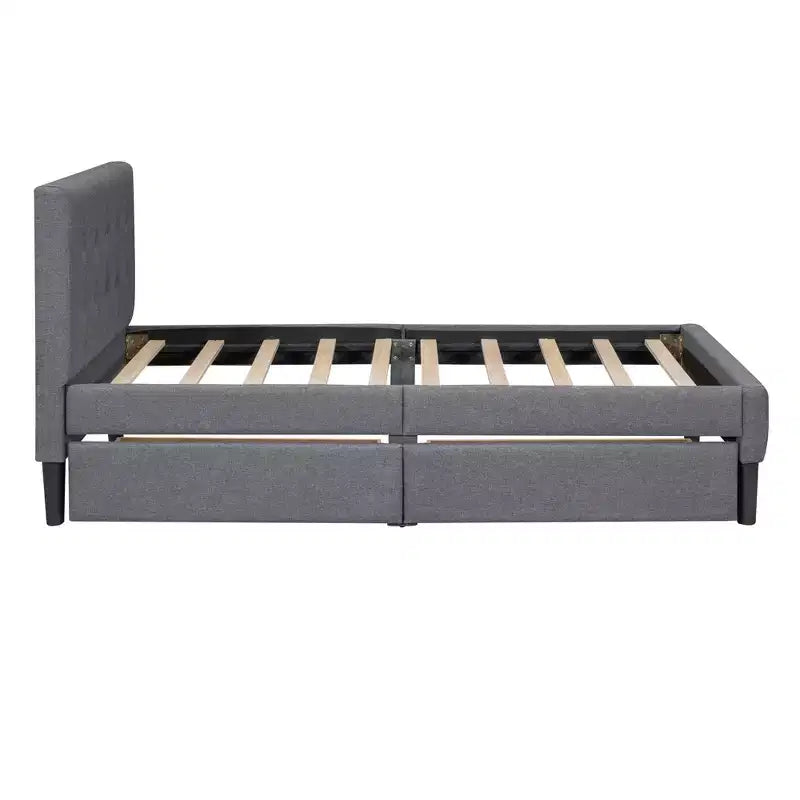 Lit plateforme capitonné double avec 2 tiroirs de rangement, cadre de lit double en bois pour chambre à coucher