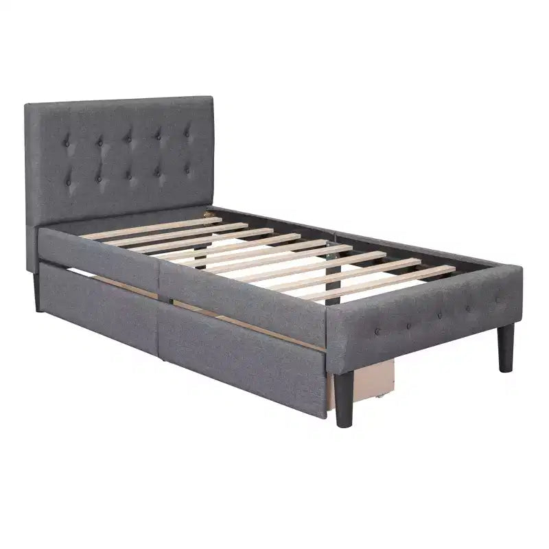 Lit plateforme capitonné double avec 2 tiroirs de rangement, cadre de lit double en bois pour chambre à coucher