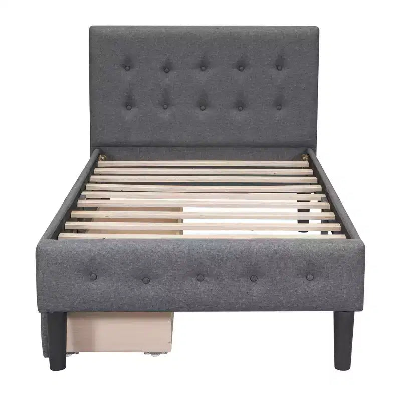 Lit plateforme capitonné double avec 2 tiroirs de rangement, cadre de lit double en bois pour chambre à coucher