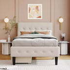 Lit plateforme capitonné double avec 2 tiroirs de rangement, cadre de lit double en bois pour chambre à coucher