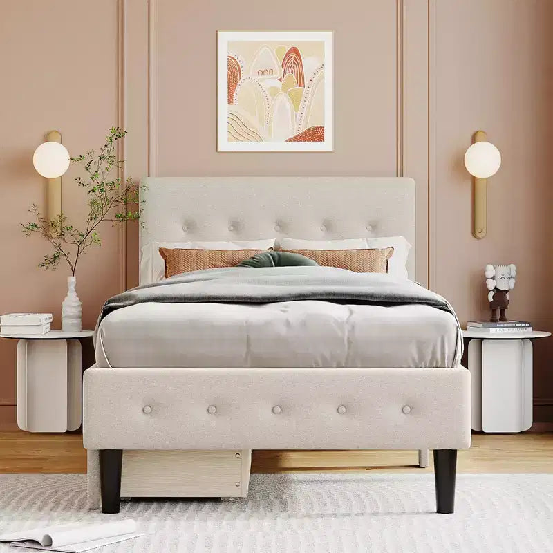Lit plateforme capitonné double avec 2 tiroirs de rangement, cadre de lit double en bois pour chambre à coucher