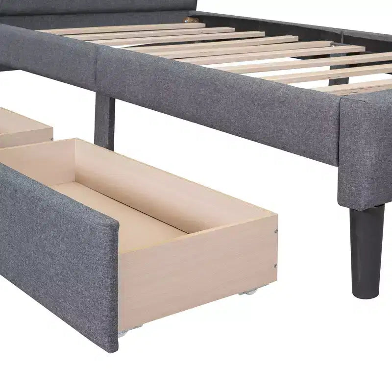 Lit plateforme capitonné double avec 2 tiroirs de rangement, cadre de lit double en bois pour chambre à coucher