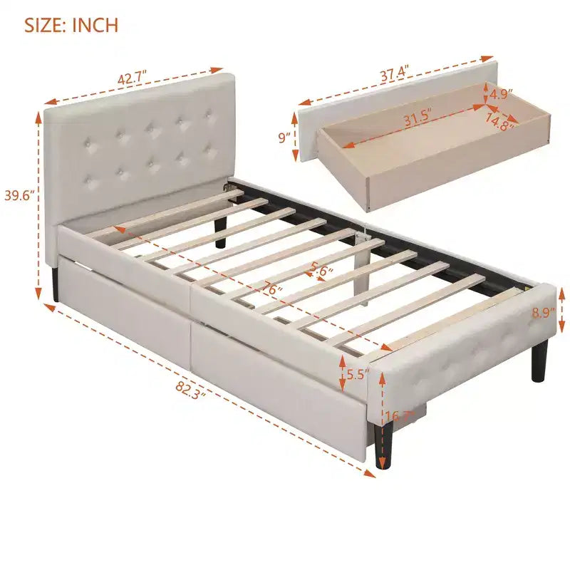 Lit plateforme capitonné double avec 2 tiroirs de rangement, cadre de lit double en bois pour chambre à coucher