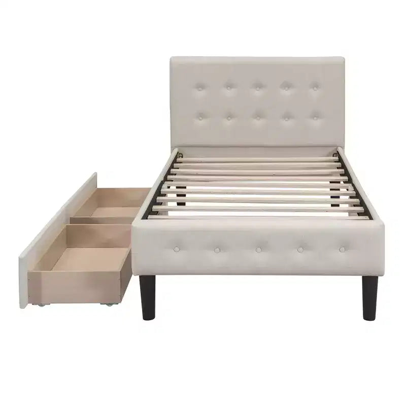 Lit plateforme capitonné double avec 2 tiroirs de rangement, cadre de lit double en bois pour chambre à coucher