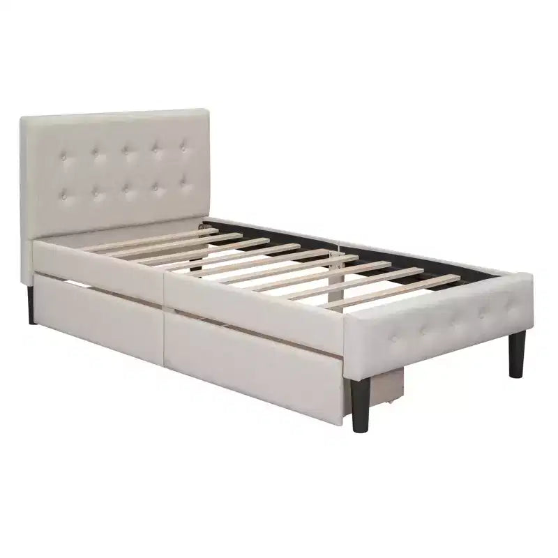 Lit plateforme capitonné double avec 2 tiroirs de rangement, cadre de lit double en bois pour chambre à coucher
