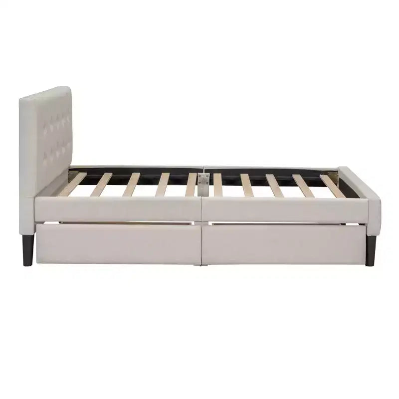 Lit plateforme capitonné double avec 2 tiroirs de rangement, cadre de lit double en bois pour chambre à coucher