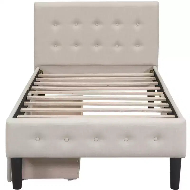 Lit plateforme capitonné double avec 2 tiroirs de rangement, cadre de lit double en bois pour chambre à coucher