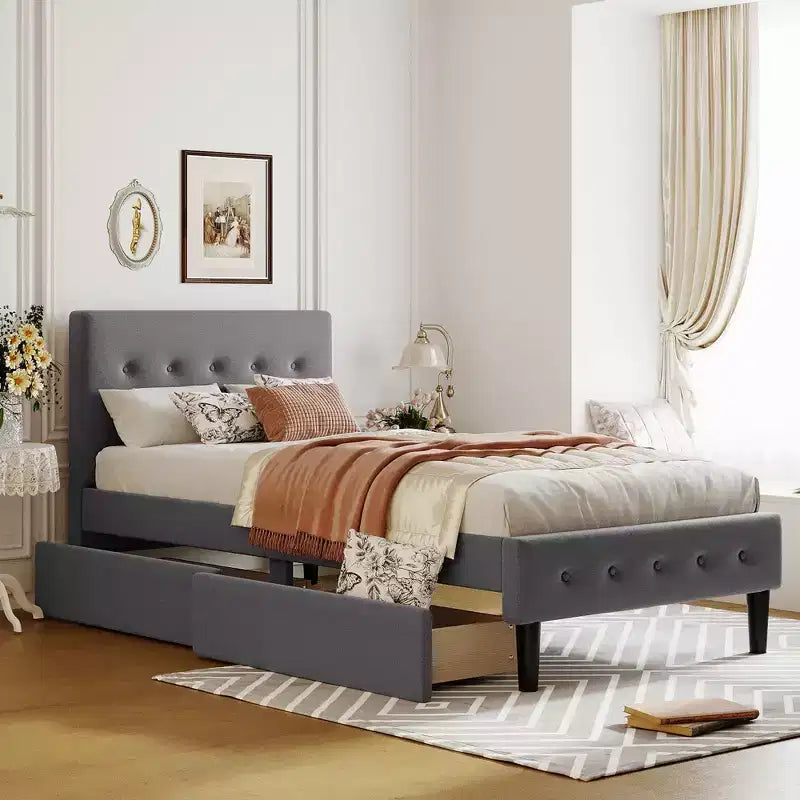 Lit plateforme capitonné double avec 2 tiroirs de rangement, cadre de lit double en bois pour chambre à coucher