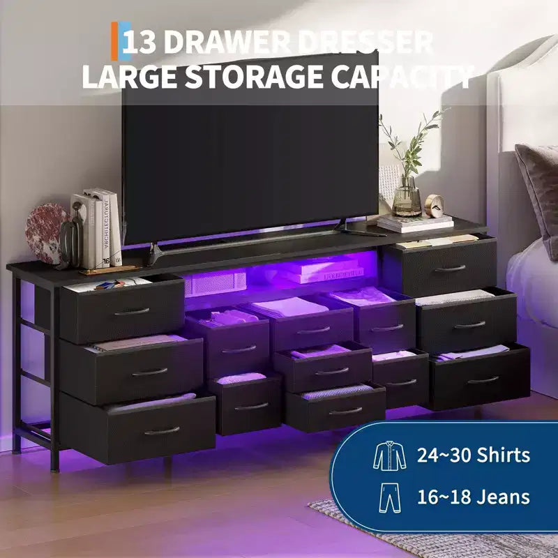 Meuble TV moderne de 180 cm avec 13 tiroirs pour téléviseur de 75 pouces, commode longue avec poignées et 13 tiroirs, meuble TV/commode polyvalent avec rangement