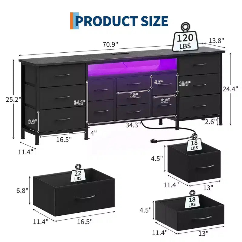 Meuble TV moderne de 180 cm avec 13 tiroirs pour téléviseur de 75 pouces, commode longue avec poignées et 13 tiroirs, meuble TV/commode polyvalent avec rangement