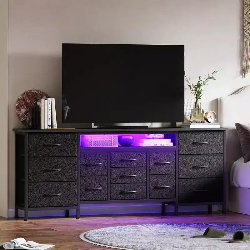Meuble TV moderne de 180 cm avec 13 tiroirs pour téléviseur de 75 pouces, commode longue avec poignées et 13 tiroirs, meuble TV/commode polyvalent avec rangement