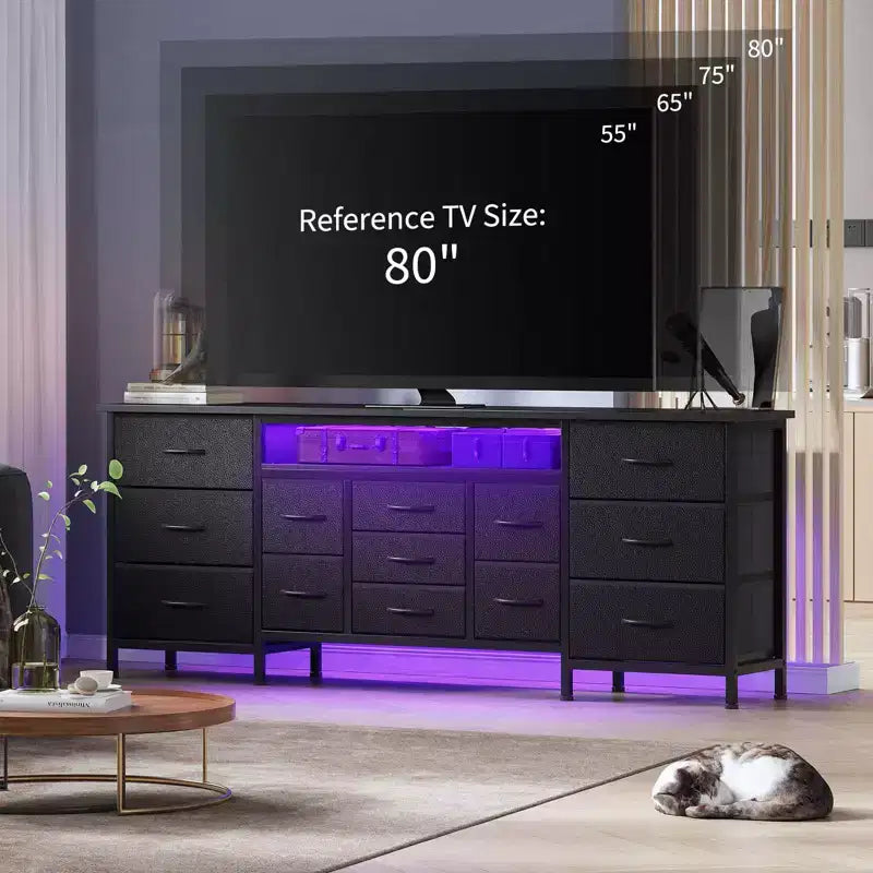 Meuble TV moderne de 180 cm avec 13 tiroirs pour téléviseur de 75 pouces, commode longue avec poignées et 13 tiroirs, meuble TV/commode polyvalent avec rangement