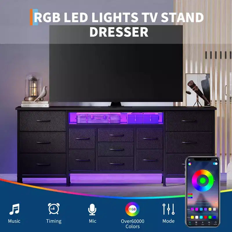 Meuble TV moderne de 180 cm avec 13 tiroirs pour téléviseur de 75 pouces, commode longue avec poignées et 13 tiroirs, meuble TV/commode polyvalent avec rangement