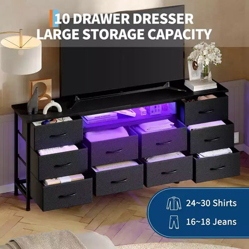 Meuble TV moderne de 180 cm avec 13 tiroirs pour téléviseur de 75 pouces, commode longue avec poignées et 13 tiroirs, meuble TV/commode polyvalent avec rangement