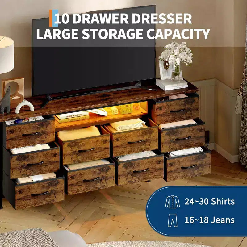 Meuble TV moderne de 180 cm avec 13 tiroirs pour téléviseur de 75 pouces, commode longue avec poignées et 13 tiroirs, meuble TV/commode polyvalent avec rangement