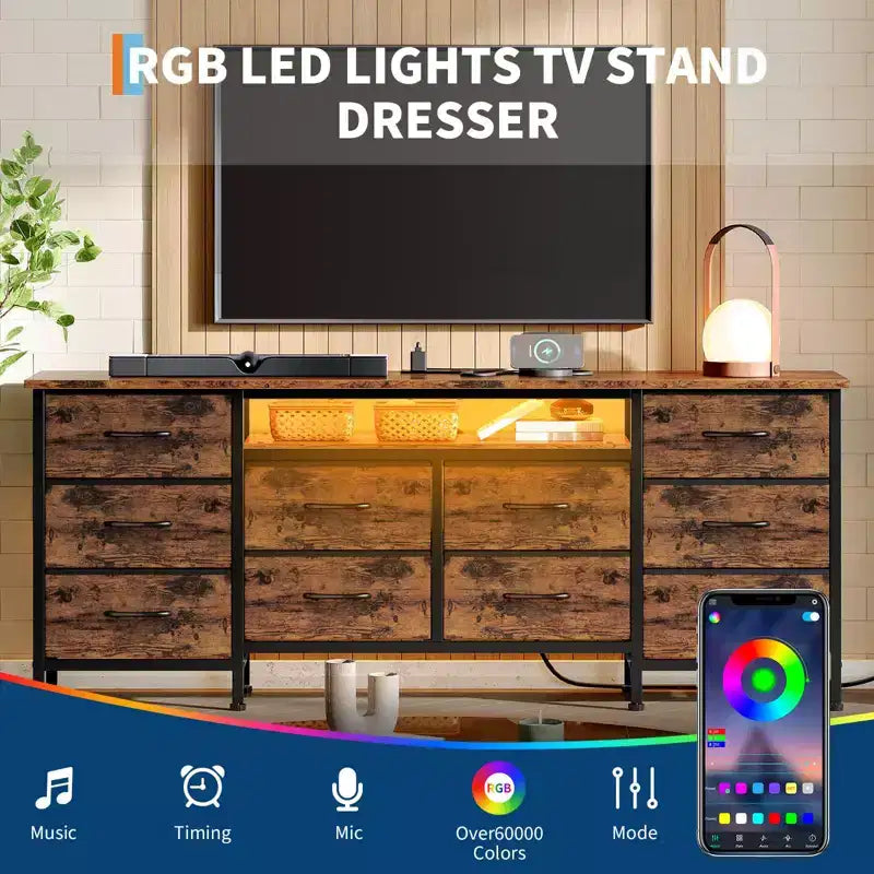 Meuble TV moderne de 180 cm avec 13 tiroirs pour téléviseur de 75 pouces, commode longue avec poignées et 13 tiroirs, meuble TV/commode polyvalent avec rangement