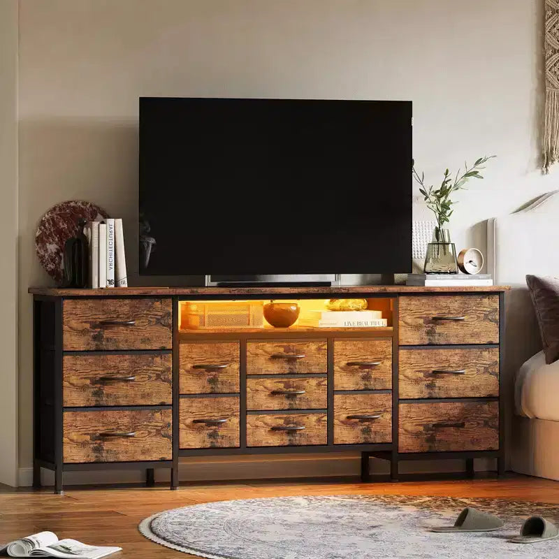 Meuble TV moderne de 180 cm avec 13 tiroirs pour téléviseur de 75 pouces, commode longue avec poignées et 13 tiroirs, meuble TV/commode polyvalent avec rangement