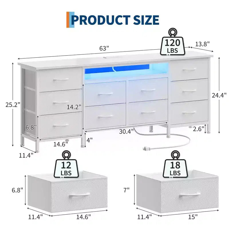 Meuble TV moderne de 180 cm avec 13 tiroirs pour téléviseur de 75 pouces, commode longue avec poignées et 13 tiroirs, meuble TV/commode polyvalent avec rangement