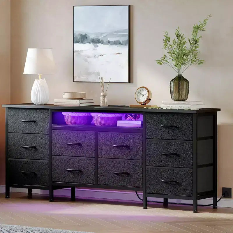 Meuble TV moderne de 180 cm avec 13 tiroirs pour téléviseur de 75 pouces, commode longue avec poignées et 13 tiroirs, meuble TV/commode polyvalent avec rangement