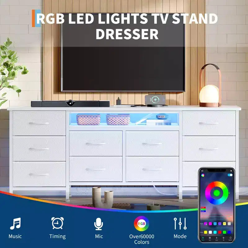 Meuble TV moderne de 180 cm avec 13 tiroirs pour téléviseur de 75 pouces, commode longue avec poignées et 13 tiroirs, meuble TV/commode polyvalent avec rangement