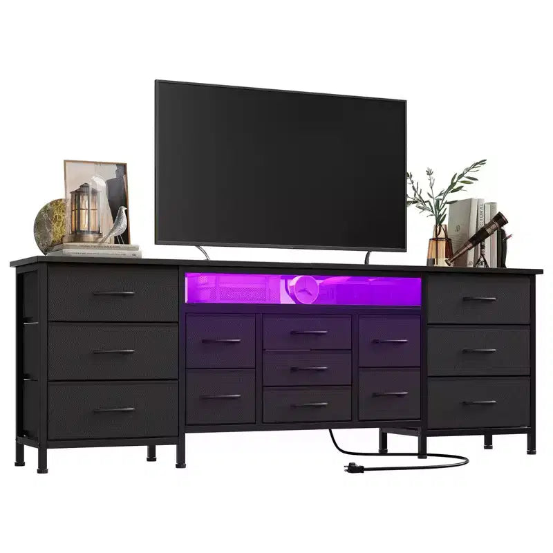 Meuble TV moderne de 180 cm avec 13 tiroirs pour téléviseur de 75 pouces, commode longue avec poignées et 13 tiroirs, meuble TV/commode polyvalent avec rangement