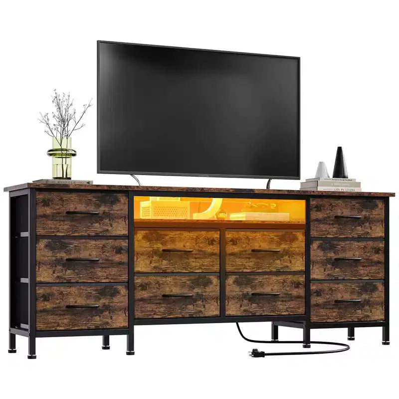 Meuble TV moderne de 180 cm avec 13 tiroirs pour téléviseur de 75 pouces, commode longue avec poignées et 13 tiroirs, meuble TV/commode polyvalent avec rangement