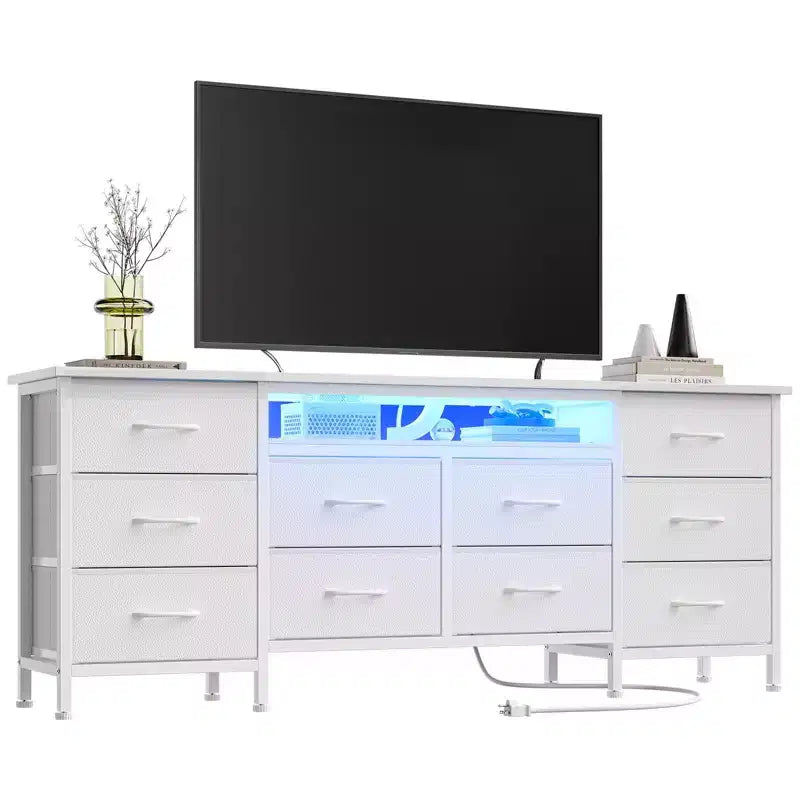 Meuble TV moderne de 180 cm avec 13 tiroirs pour téléviseur de 75 pouces, commode longue avec poignées et 13 tiroirs, meuble TV/commode polyvalent avec rangement
