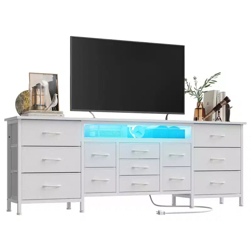 Meuble TV moderne de 180 cm avec 13 tiroirs pour téléviseur de 75 pouces, commode longue avec poignées et 13 tiroirs, meuble TV/commode polyvalent avec rangement