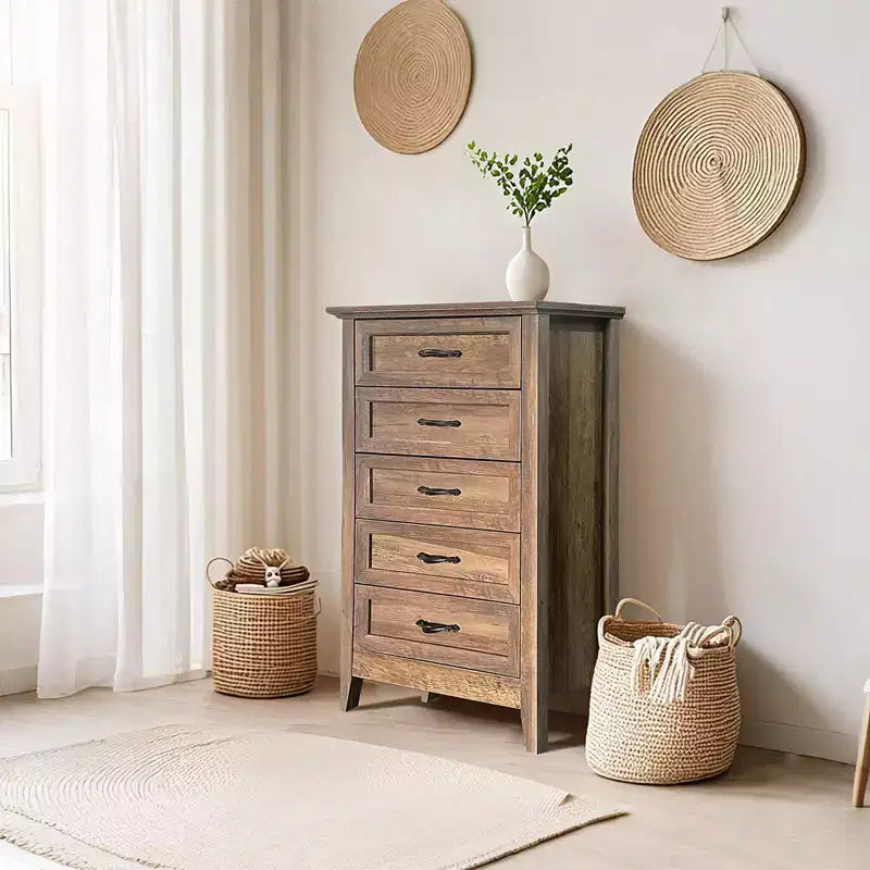 Commode, Commode Vintage en Bois à 5 Tiroirs, Commodes Hautes pour Placard, Commodes de Rangement, pour Placard Salon, Chambre d'Enfant