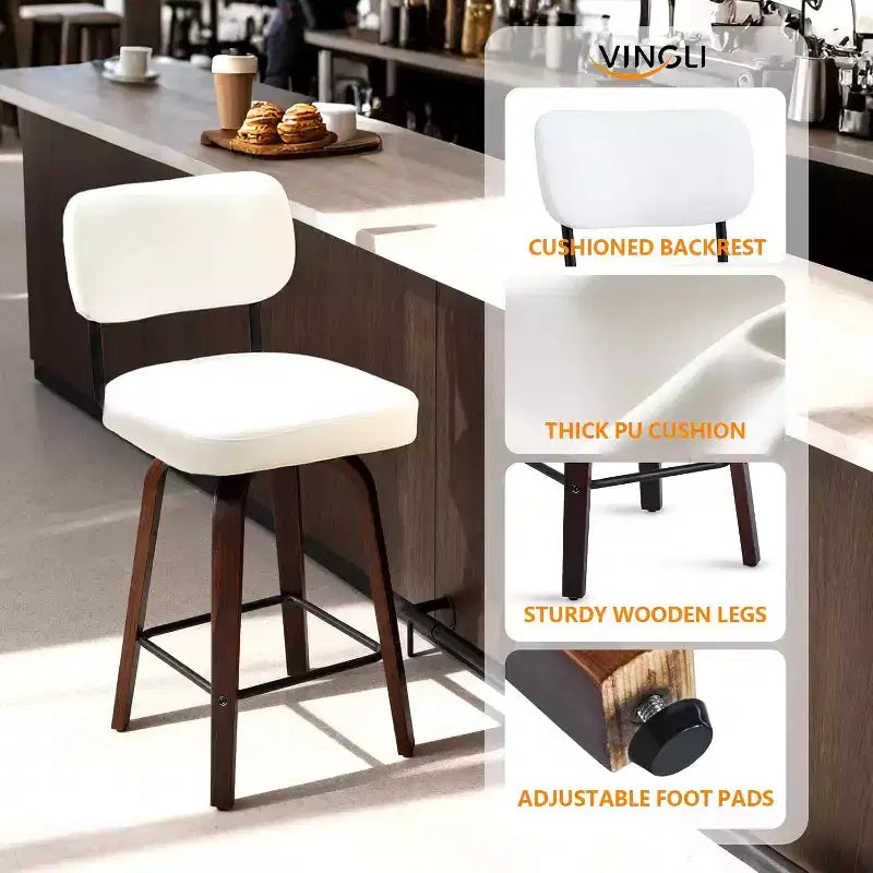 VINGLI Tabouret de bar moderne 66 cm H, pivotant à 360° en cuir PU, tabourets de bar à pieds en bois massif pour îlot de cuisine et bar à la maison